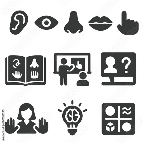 Five Senses Education Icons. Solid, filled icons set of five senses education: sensory icons, learning book,