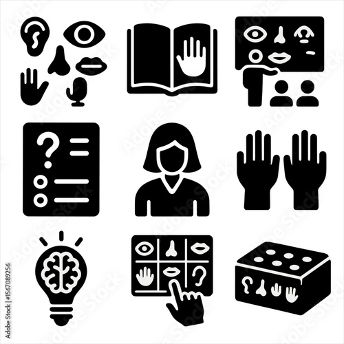 Five Senses Education Icons. Solid, filled icons set of five senses education: sensory icons, learning book,