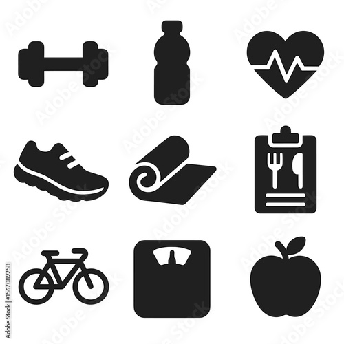 Fitness Icons Grid. Solid, filled icons set of fitness and health resolutions: dumbbell, water bottle, heart