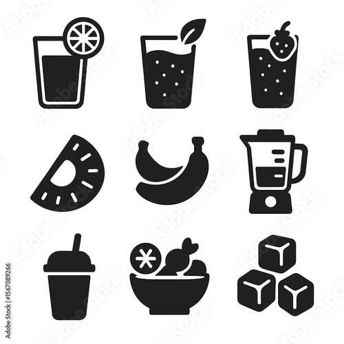 Juice and Smoothie Icons. Solid, filled icon set of juices and smoothies: orange juice, green smoothie, berry blend, pineapple