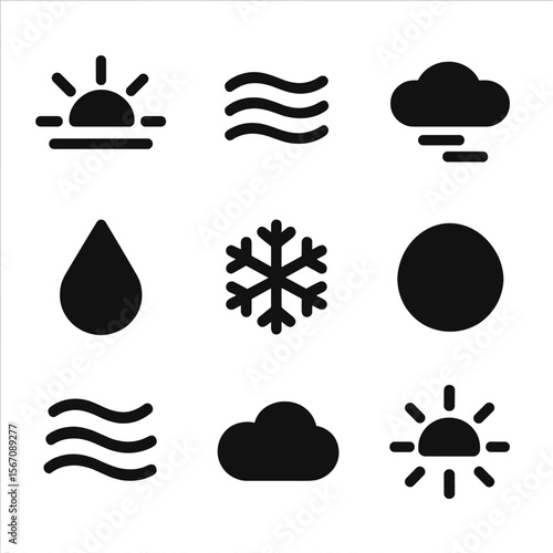 Morning Weather Icons. Solid, filled icon set of early morning weather elements: sunrise icon, light mist, fog cloud, dew drop,