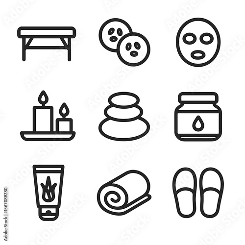 Poolside Spa Icons. Solid, filled icon set of poolside spa treatments: massage table, cucumber slices, facial mask, aromatherapy