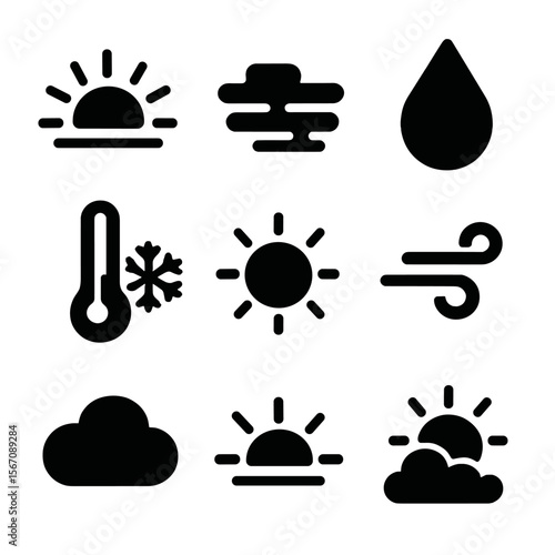 Morning Weather Icons. Solid, filled icon set of early morning weather elements: sunrise icon, light mist, fog cloud, dew drop,