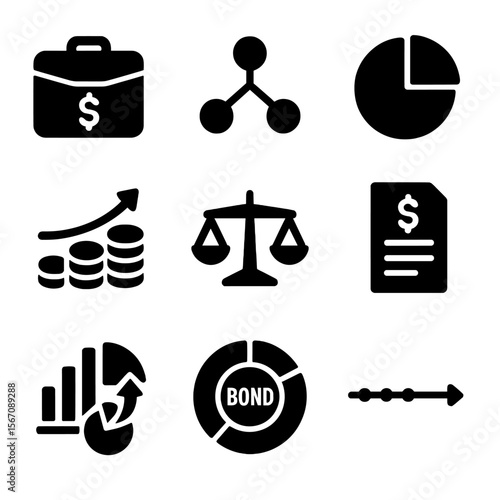 Fixed Income Icon Set. Solid, filled icons set of fixed income portfolio: portfolio folder, diversification