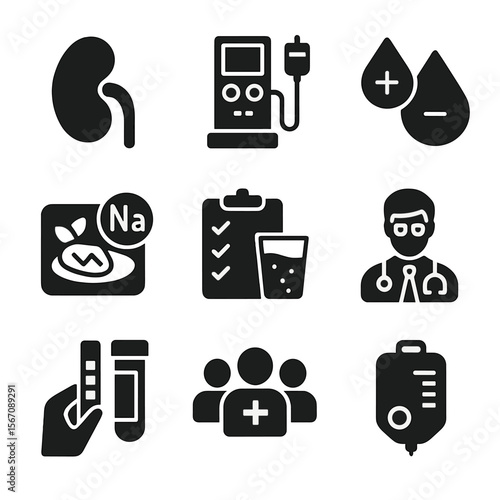 Kidney Care Icons. Solid, filled icon set of kidney disease care: kidney icon, dialysis machine, fluid tracker, low-sodium food,