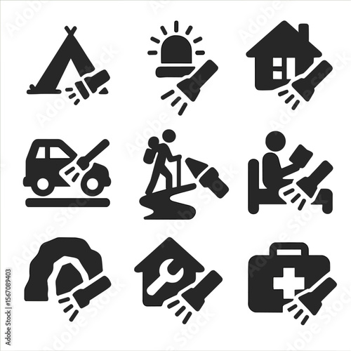 Flashlight Use Icons. Solid, filled icons set of flashlight use cases: camping icon, emergency light, power