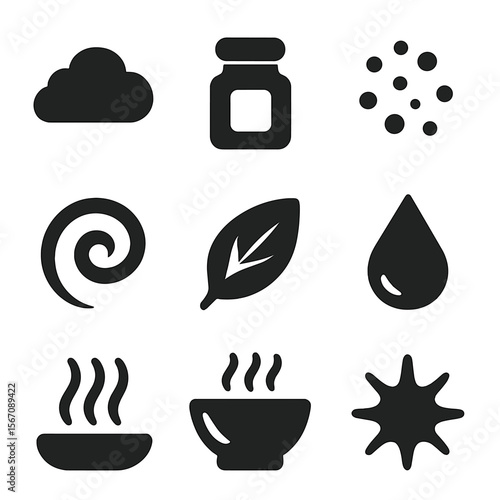 Flavor Icons Grid. Solid, filled icons set of food flavor components: aroma cloud, seasoning jar, spice