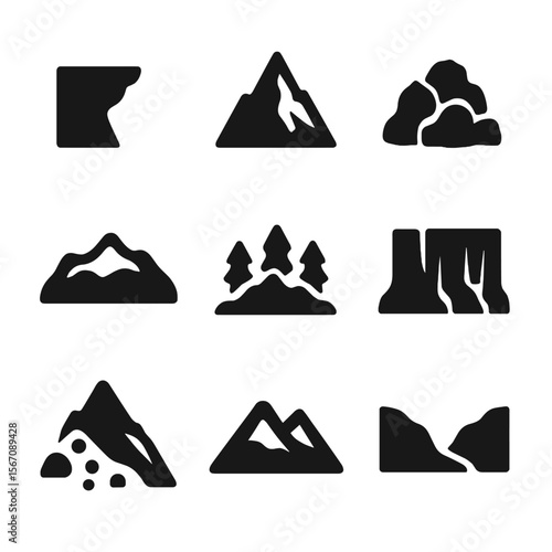 Mountain Icons Grid. Solid, filled icon set of natural mountain features: cliff edge, peak silhouette, rocky terrain, snow field,