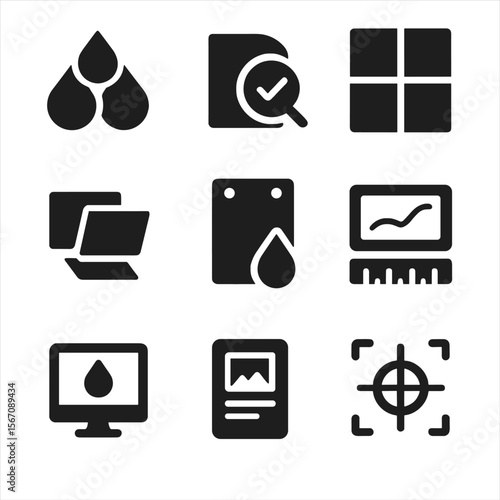 Prepress Process Icons. Solid, filled icon set of prepress processes: color separation, proofing, imposition, trapping, plate