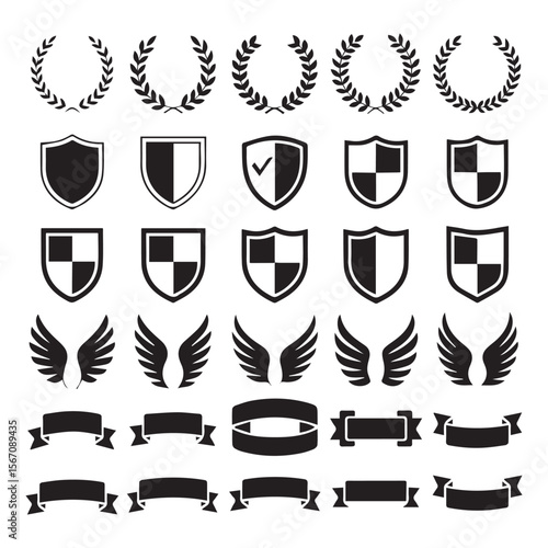 Collection of black laurel wreaths shields wings and banners icons