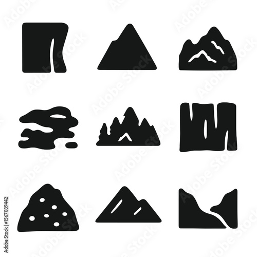 Mountain Icons Grid. Solid, filled icon set of natural mountain features: cliff edge, peak silhouette, rocky terrain, snow field,