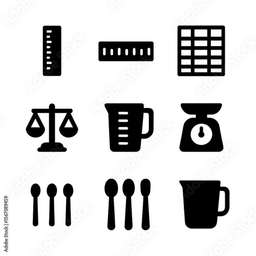Kitchen Measurement Icons. Solid, filled icon set of Kitchen measurement concepts: metric system, imperial system, conversion