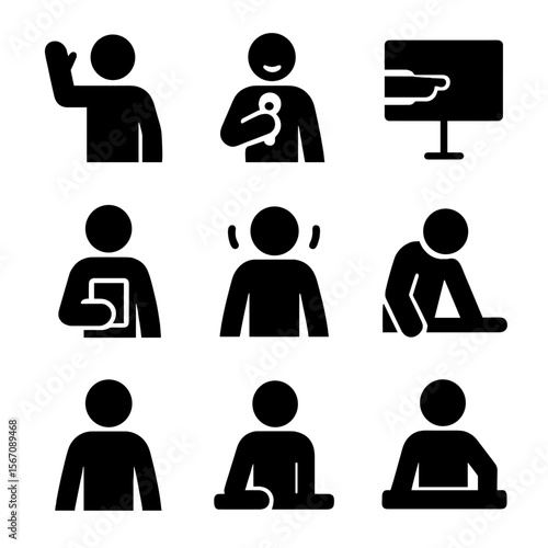 Presenter Icons Set. Solid, filled icon set of presenter body language: hand gesture, smiling, holding mic, pointing to screen,