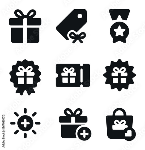 Gift Campaign Icons. Solid, filled icons set of gift campaign visuals: gift box, ribbon tag, reward icon,