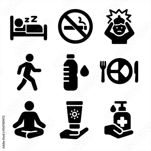 Preventive Healthcare Icons. Solid, filled icon set of preventive healthcare habits: sleeping well, no smoking, stress management,