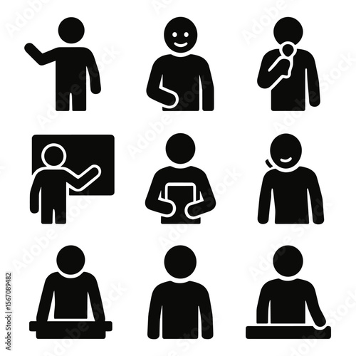 Presenter Icons Set. Solid, filled icon set of presenter body language: hand gesture, smiling, holding mic, pointing to screen,