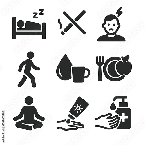 Preventive Healthcare Icons. Solid, filled icon set of preventive healthcare habits: sleeping well, no smoking, stress management,