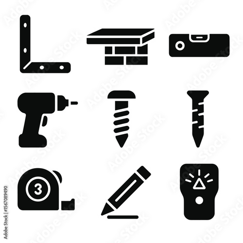 Floating Shelves Icons. Solid, filled icons set of installing floating shelves on a wall: wall bracket,