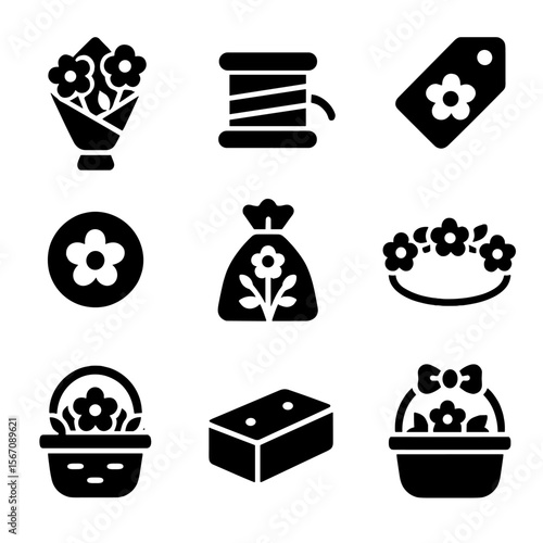 Floral Gift Icon Set. Solid, filled icons set of floral gift wrapping: paper wrap, twine, gift tag, decorative