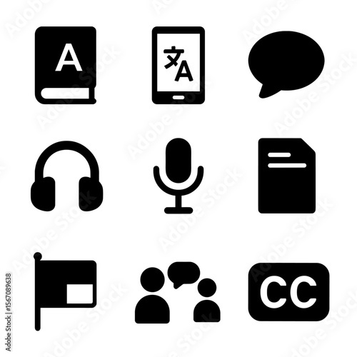 Language Tools Icons. Solid, filled icon set of language and translation tools: dictionary, translator app, speech bubble, headset