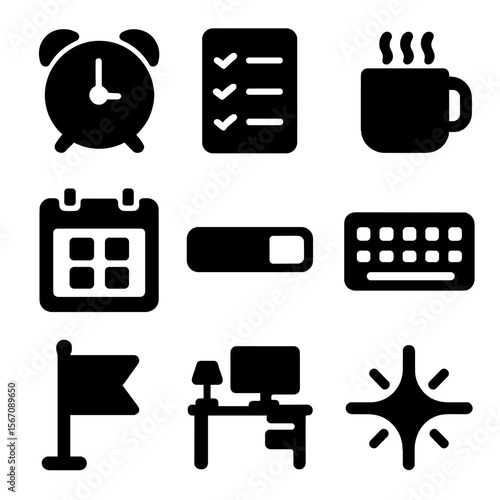 Productivity Icon Set. Solid, filled icon set of how to be productive: alarm clock, task list, coffee mug, calendar, progress bar,