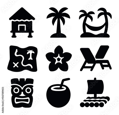 Island Paradise Icons. Solid, filled icons set of 3D island paradise: beach hut, palm tree, hammock, island