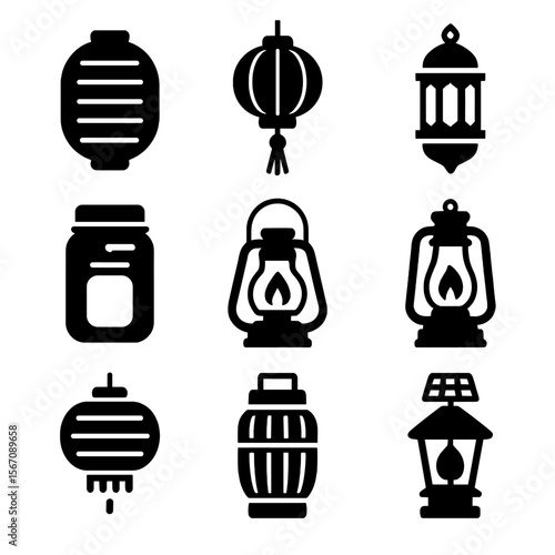 Lantern Icon Grid. Solid, filled icon set of traditional lantern types: Japanese lantern, Chinese lantern, Moroccan lantern, mason