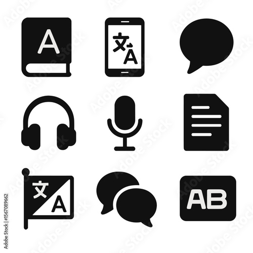 Language Tools Icons. Solid, filled icon set of language and translation tools: dictionary, translator app, speech bubble, headset