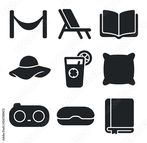 Beachside Relaxation Icons. Solid, filled icons set of 3D beachside relaxation: hammock, beach chair, book,
