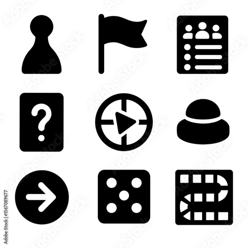 Multiplayer Game Icons. Solid, filled icon set of multiplayer game elements: player token, team flag, leaderboard, question card,