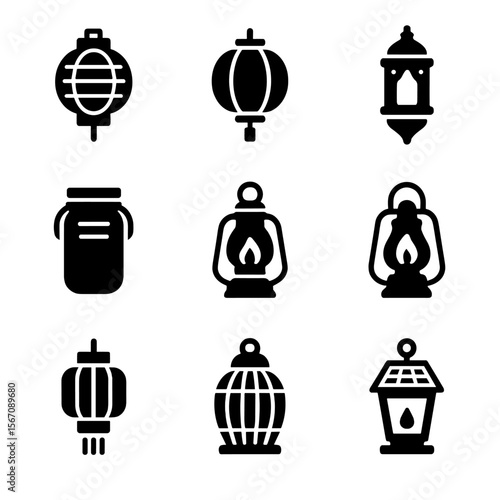 Lantern Icon Grid. Solid, filled icon set of traditional lantern types: Japanese lantern, Chinese lantern, Moroccan lantern, mason