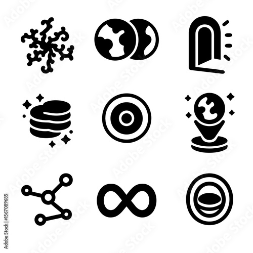 Multiverse Icon Set. Solid, filled icon set of multiverse visualization: fractal patterns, mirror worlds, dimensional portals,