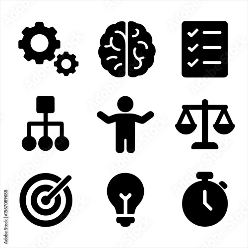 Multitasking Skills Icons. Solid, filled icon set of multitasking skills: gears, brain, checklist, multitasker silhouette,