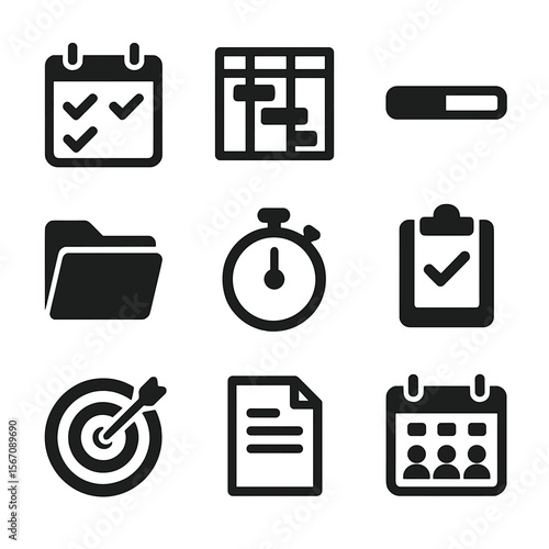 Project Management Icons. Solid, filled icon set of project management: calendar with checkmarks, gantt chart, progress bar, file
