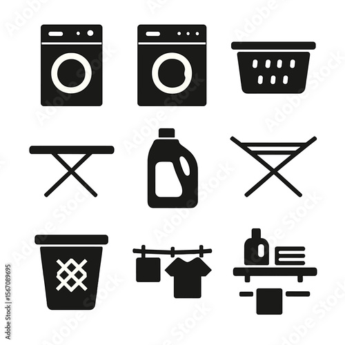 Laundry Essentials Icons. Solid, filled icon set of laundry room essentials: washing machine, dryer, laundry basket, ironing board