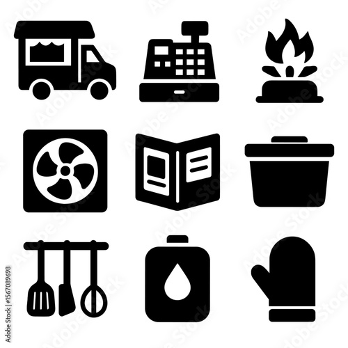 Food Truck Icons. Solid, filled icons set of food truck operations: service window, cash register, gas burner,