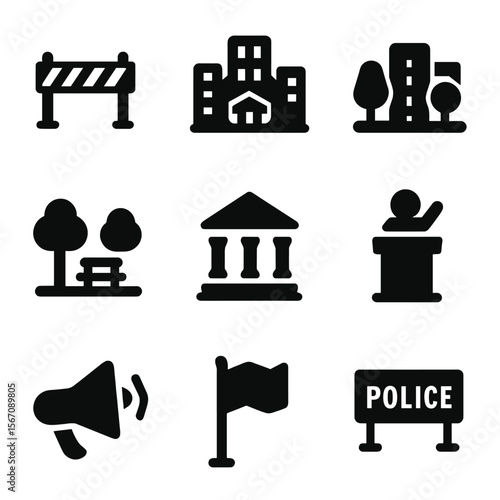 Protest Icon Grid. Solid, filled icon set of uprising places: barricade, city square, street, park, government building, rally