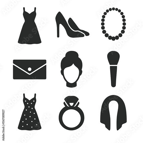 Formal Fashion Icons. Solid, filled icons set of formal women’s fashion: evening gown, stiletto heels, pearl