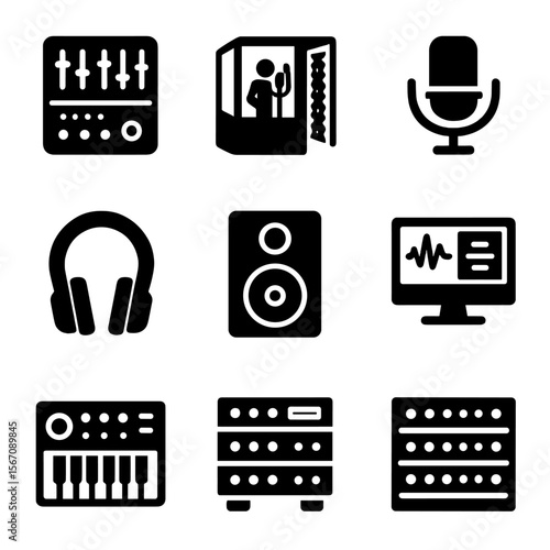 Music Studio Icons. Solid, filled icon set of music recording studio: mixing console, soundproof room, microphone, headphones,