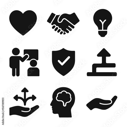 Leadership Soft Skills Icons. Solid, filled icon set of leadership soft skills: empathy heart, handshake, lightbulb idea, coaching