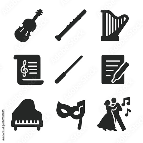 Musical Icon Grid. Solid, filled icon set of masquerade musical elements: violin, flute, harp, music scroll, conductor baton,