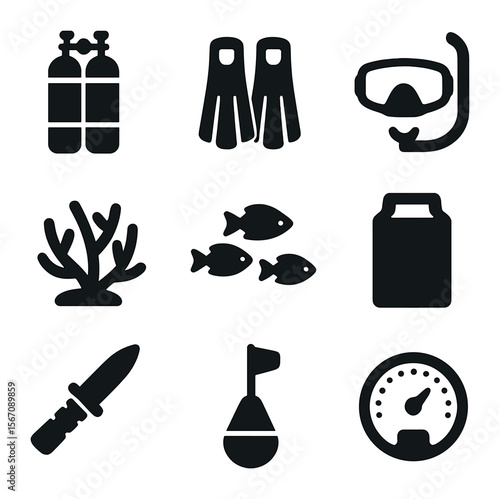 3D Ocean Exploration Icons. Solid, filled icons set of 3D ocean exploration: scuba tank, diving fins,