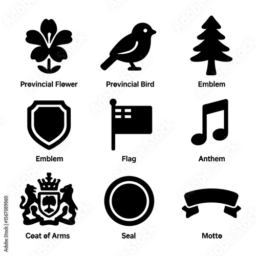 Provincial Symbols Icons. Solid, filled icon set of Provincial symbols: provincial flower, bird, tree, emblem, flag, anthem, coat