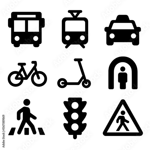Public Transport Icons. Solid, filled icon set of public transport and mobility: bus, tram, taxi, bike share, scooter, subway
