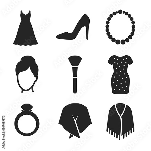 Formal Fashion Icons. Solid, filled icons set of formal women’s fashion: evening gown, stiletto heels, pearl
