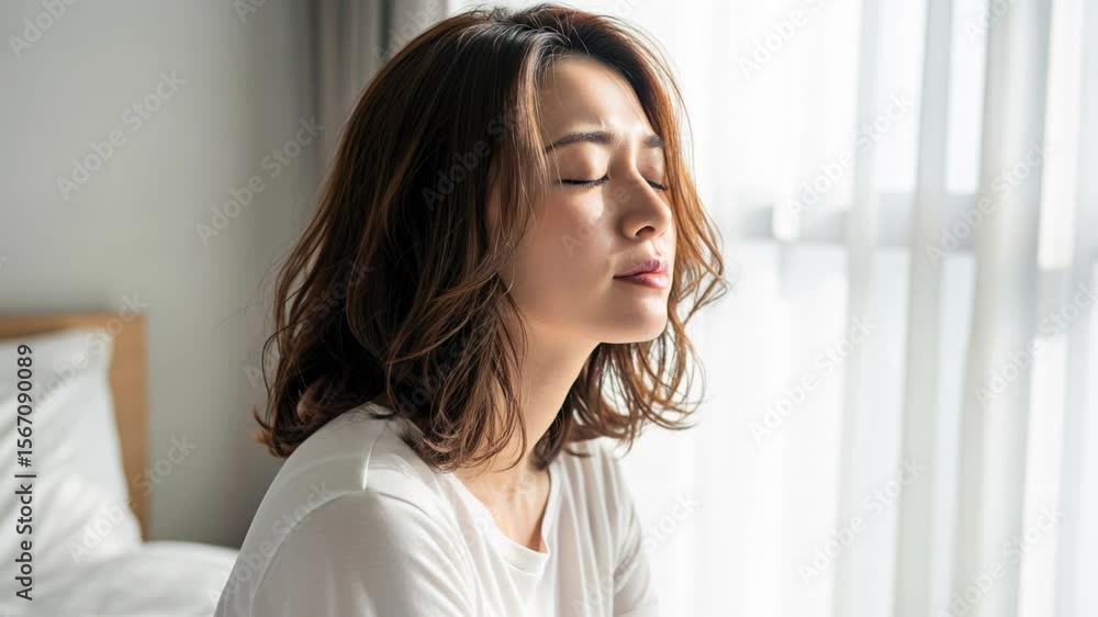 ベッド脇で差し込む朝日を見つめる日本人女性 ベッド脇で差し込む朝日を見つめる日本人女性