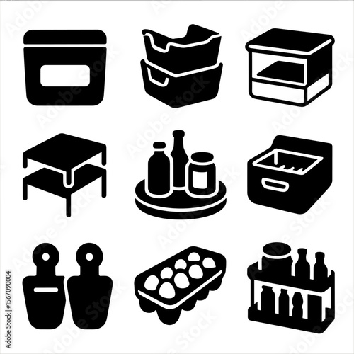 Fridge Organization Icons. Solid, filled icons set of fridge organization tips: labeled containers, stackable