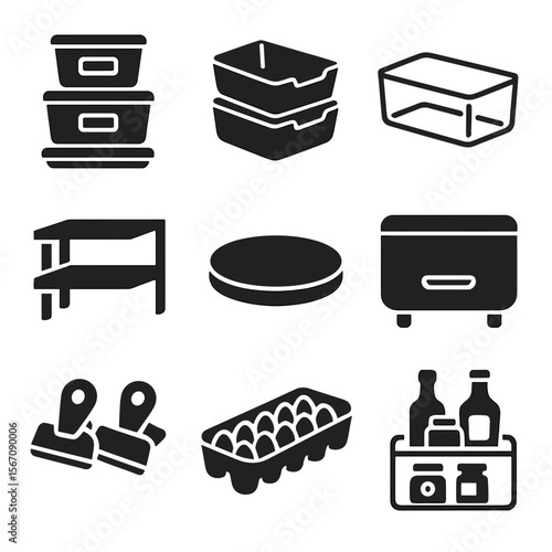 Fridge Organization Icons. Solid, filled icons set of fridge organization tips: labeled containers, stackable