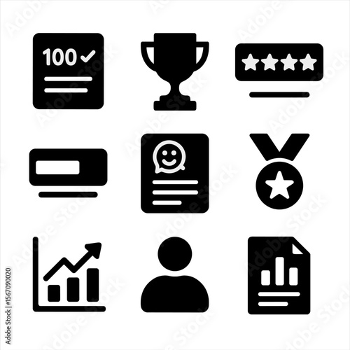 Quiz Results Icons. Solid, filled icon set of quiz results analysis: scorecard, trophy, star rating, progress bar, feedback form,