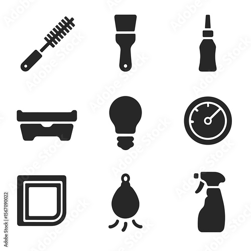Fridge Maintenance Tools. Solid, filled icons set of fridge maintenance tools: coil brush, defrosting scraper,